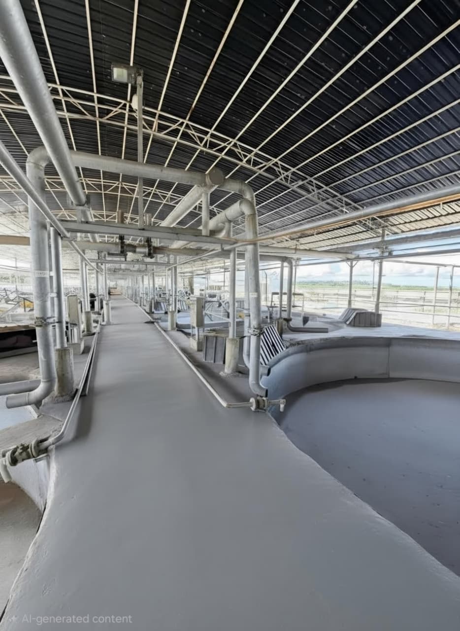 The covered extraction and liming hall at Tianran Biotech, Jinja, Uganda, with overhead piping and rows of process tanks