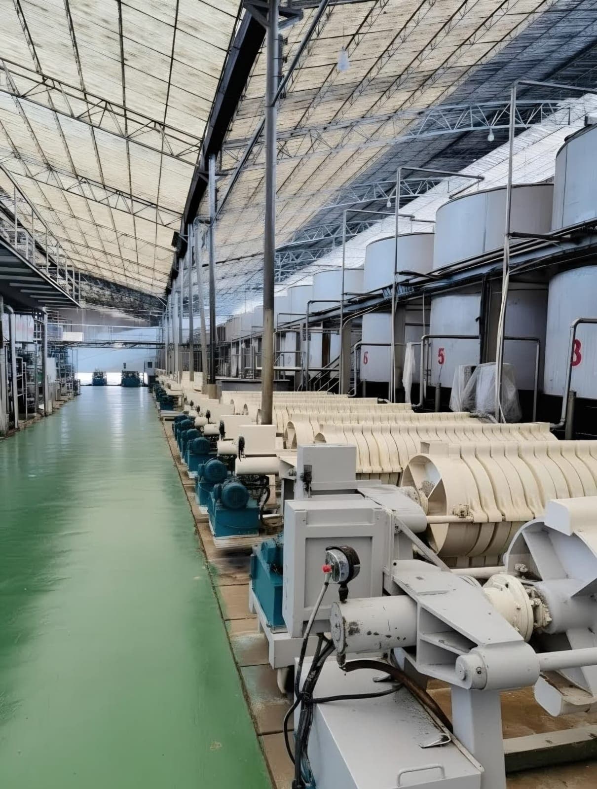 The filtration and clarification line at Tianran Biotech, Jinja, Uganda — rows of cylindrical filter machines in the main production hall